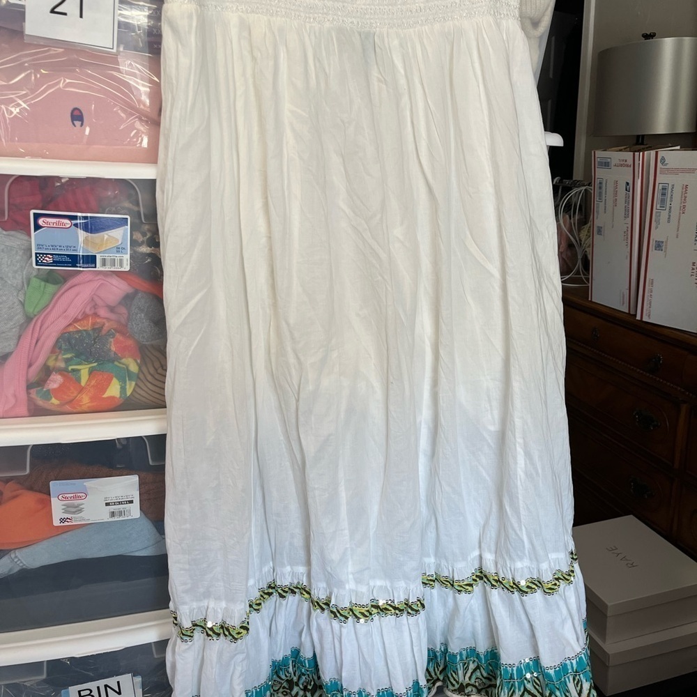 Lane Bryant White and Green Maxi Skirt Smocked Tiered Resort Wear